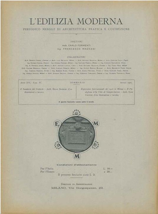 L' edilizia moderna, periodico mensile di architettura pratica e costruzione, Anno XVI, fascicolo IV, aprile 1907 - Carlo Formenti - copertina