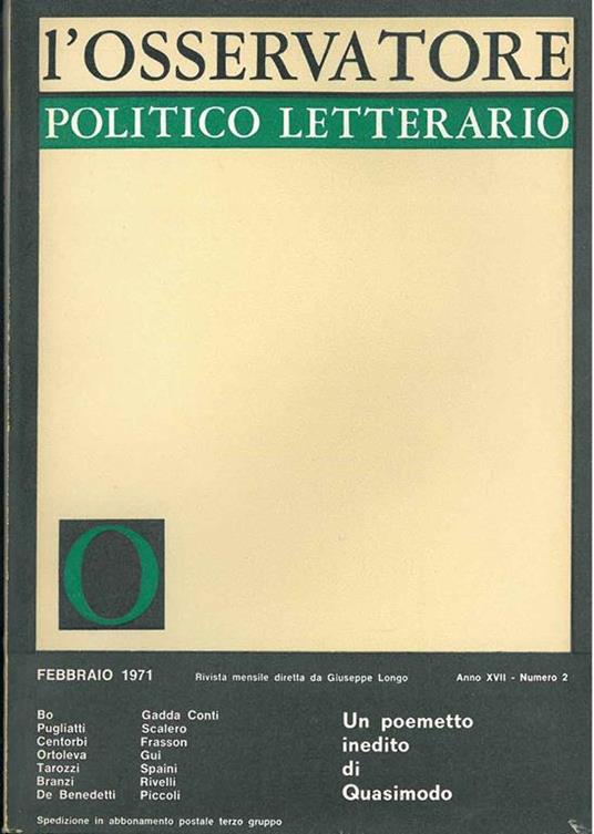 L' osservatore politico letterario. Rivista mensile diretta da Giuseppe Longo. 1971/2. In evidenza: Un poemetto inedito di Quasimodo - copertina