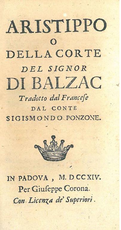 Aristippo o Della Corte del signor di Balzac, tradotto dal francese dal conte Sigismondo Ponzone - Honoré de Balzac - copertina