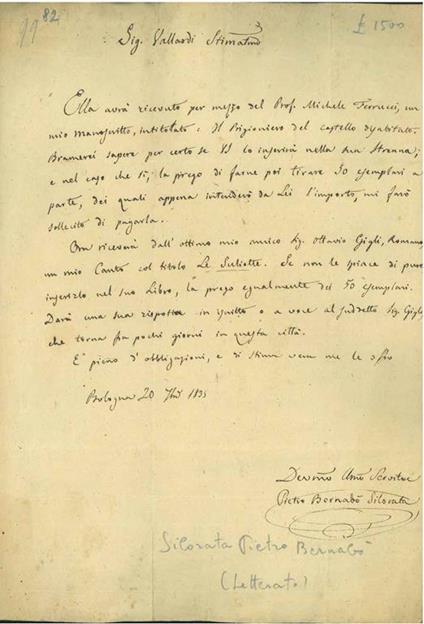 Foglio inviato "All' Illmo Signore l'Editore della Strenna, intitolata Non ti scordar di me, Milano, Bo 20 febr 1835" - copertina