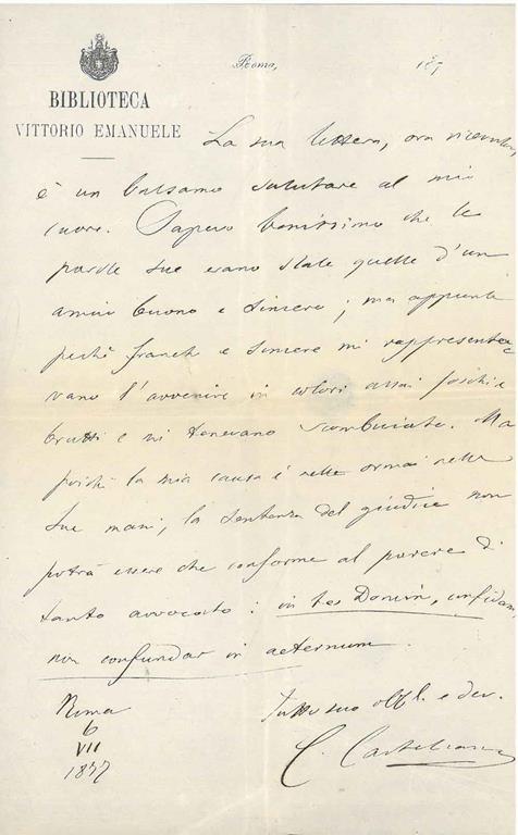 Lettera su carta intestata: "Biblioteca Vittorio Emanuele" e datata: "Roma, 6, VII 1872" - Carlo Castellani - copertina
