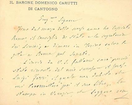 Biglietto intestato: "Il Barone Domenico Carutti di Cantogno" datato: "Torino, 22 febbrajo" - Domenico Carutti di Cantogno - copertina