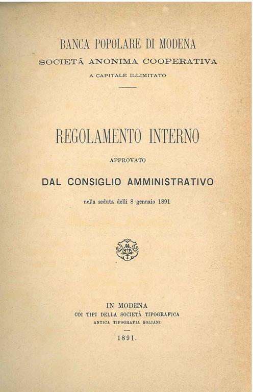 Regolamento interno approvato dal consiglio amministrativo nella seduta delli 8 gennaio 1891 - copertina