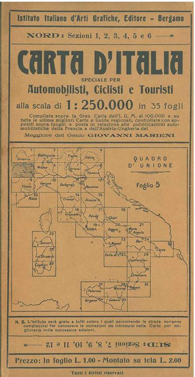 Nuova carta stradale d'Italia, speciale per automobilisti, ciclisti, turisti. Scala 1:250000. Foglio 5, contiene: Torino - Alpi Cozie - Gran Paradiso - - Giovanni Marieni - copertina