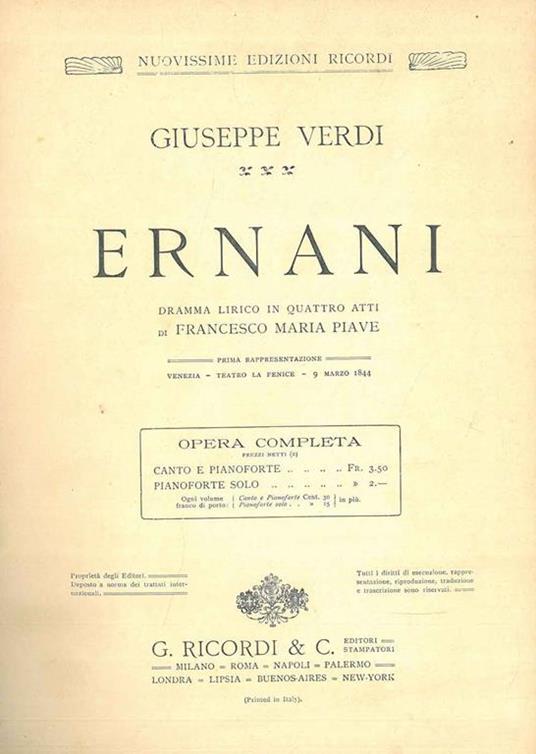 Ernani. Dramma lirico in quattro atti. Per canto e pianoforte (N. 42308) - Giuseppe Verdi - copertina