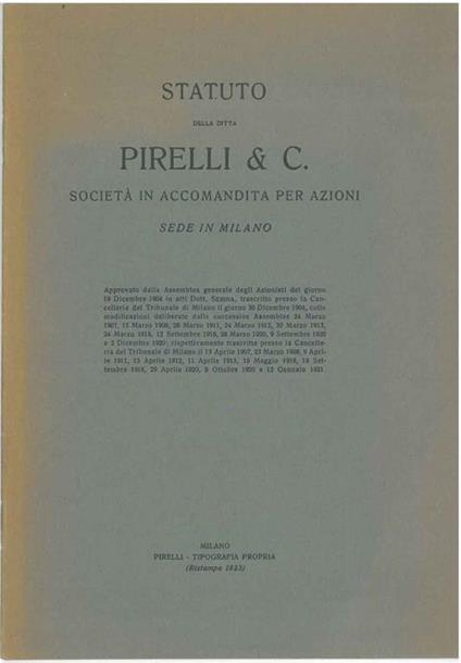 Statuto della ditta Pirelli & C. società in accomandata per azioni. Sede in Milano - copertina