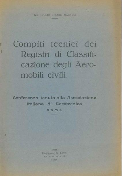 Compiti tecnici dei registri di classificazione degli aeromobili civili - copertina