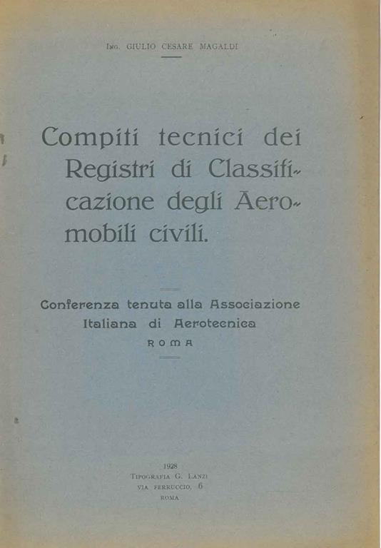 Compiti tecnici dei registri di classificazione degli aeromobili civili - copertina