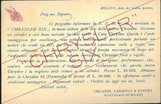 Cartolina intestata "Agenzia Generale Italiana Automobili Chrysler, Succursale di Milano" affrancata ed inviata il 26 Giugno 1930 ad un professionista di Modena - copertina