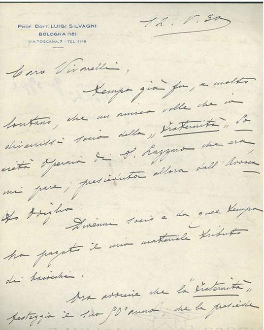 Lettera su carta intestata: "Prof. Dott. Luigi Silvagni, Bologna" e datata 12.V.30 - Luigi Silvagni - copertina