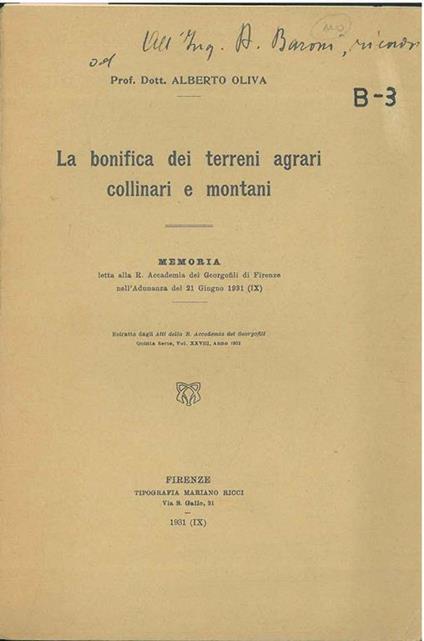 La bonifica dei terreni agrari collinari e montani. Memoria letta alla R. Accademia dei Georgofili - Alberto Oliva - copertina