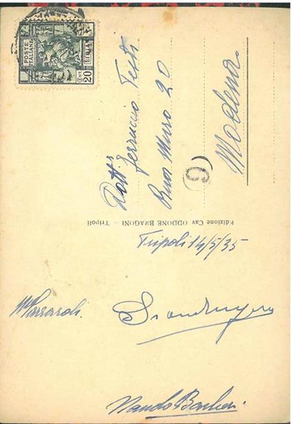 Cartolina illustrata con foto di donna di Tripoli, inviata e viaggiata: "Tripoli, 14/5/35" con firma autografa del pilota - Nando Barbieri - copertina