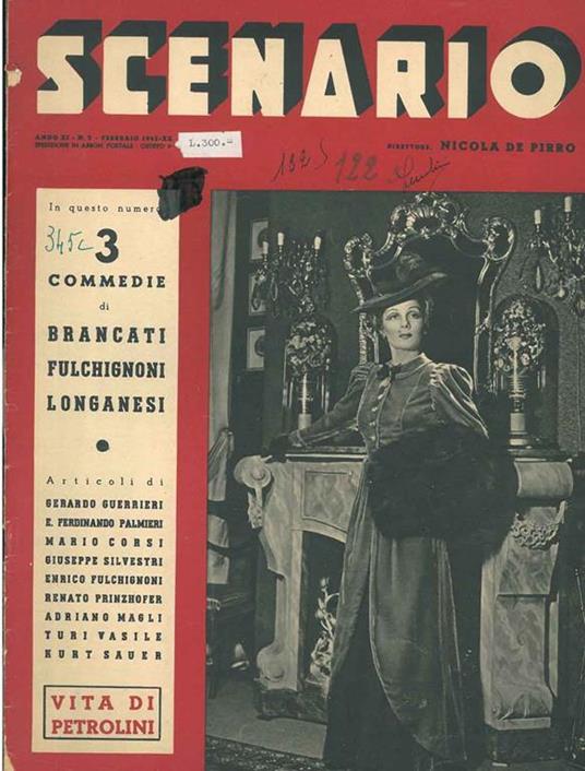 Scenario. Anno XI, n. 2, febbraio 1942. 3 commedie di Brancati, Fulghignoni, Longanesi. Vita di Petrolini - Nicola De Pirro - copertina