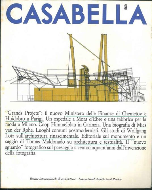 Casabella. Rivista internazionale di architettura. International Architectural Review. N. 560, anno LIII, settembre 1989. Direttore: V. Gregotti - copertina