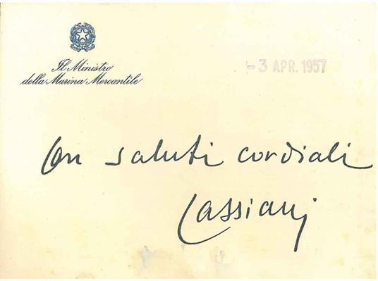 Biglietto da visita intestato: " Il Ministro della Marina Mercantile" datato: "3 apr. 1957" - Gennaro Cassiani - copertina
