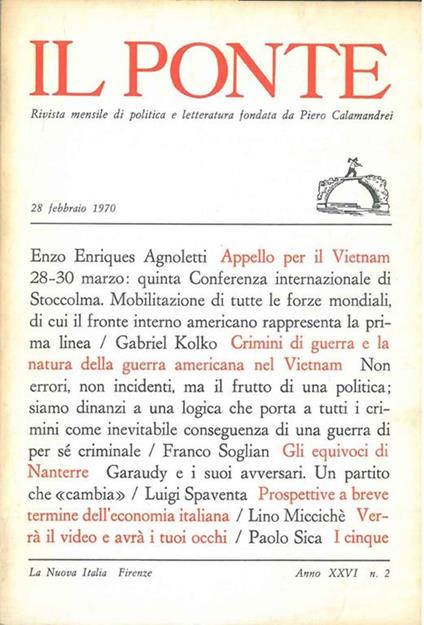 Il Ponte. Rivista mensile di politica e letteratura. Anno XXVI, N 2. Febbraio - Piero Calamandrei - copertina