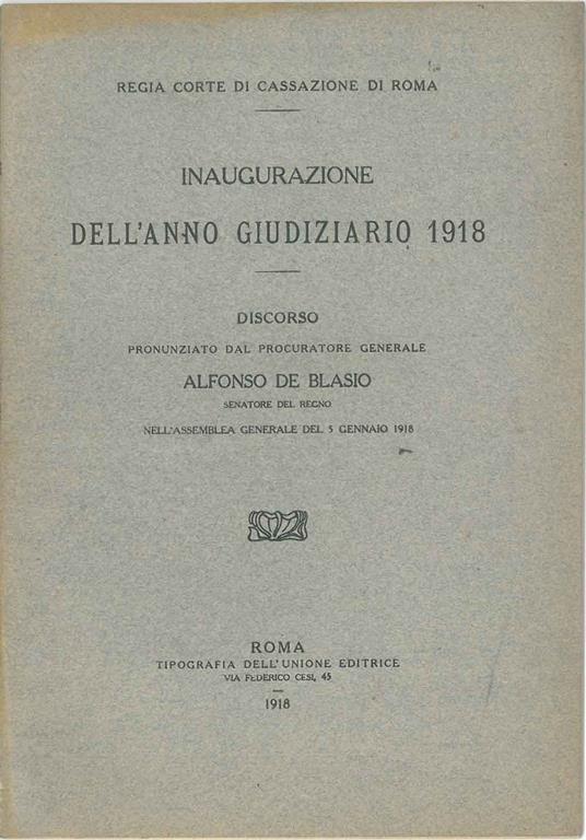 Inaugurazione dell'anno giudiziario 1918 - Alfonso De Blasio - copertina