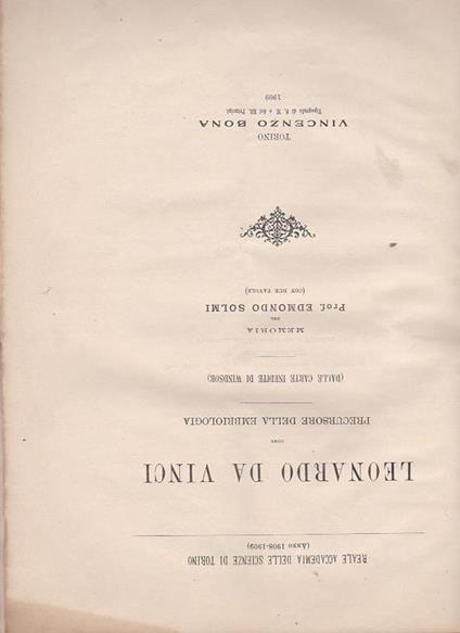 Leonardo da Vinci come precursore della embriologia (dalle carte inedite di Windsor). Memoria - Edmondo Solmi - copertina