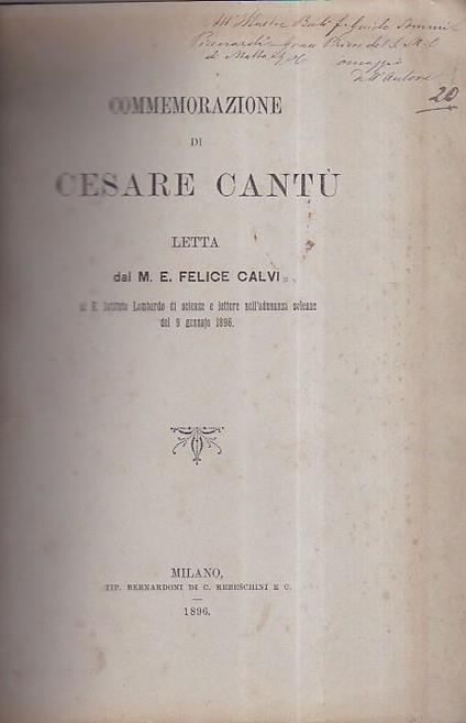 Commemorazione di Cesare Cantù letta al R. Istituto Lombardo di scienze e lettere nell' adunanza solenne del 9 gennajo 1896 - Felice Calvi - copertina
