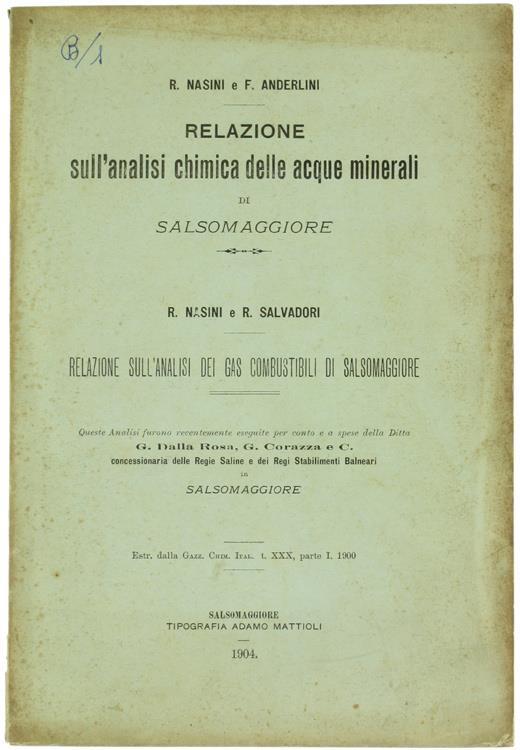 Relazione Sull'Analisi Chimica delle Acque Minerali di Salsomaggiore - R. Nasini,F. Anderlini - copertina