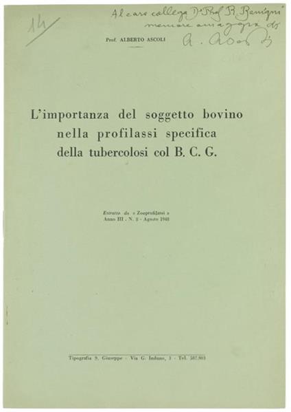 L' Importanza del Soggetto Bovino nella Profilassi Specifica della Tubercolosi Col B.C.G - Alberto Ascoli - copertina