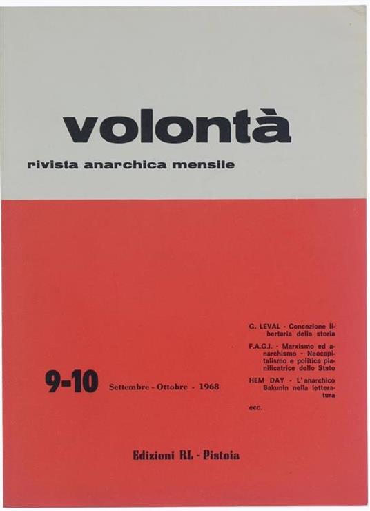 Volontà Rivista Anarchica Mensile. Anno XII - N. 9.10 - Gaston Leval - copertina