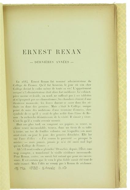 Ernest Renan - Derniéres Années - copertina