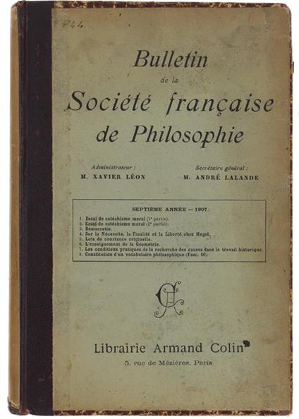 Bulletin De La Societe' De Philosophie. Septième Année: 1907 - Xavier Léon - copertina