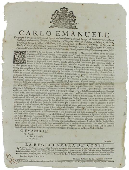 Avendo Il Re Mio Signore, E Padre Con Suo Editto Dè 15 Maggio 1729 Ridotto Al Tre Per Cento Il Provento Dè Capitali Introggi...Dat' In Torino Li Dieci Del Mese Di Febbrajo 1735 [Documento Originale] - Carlo Emanuele III - copertina