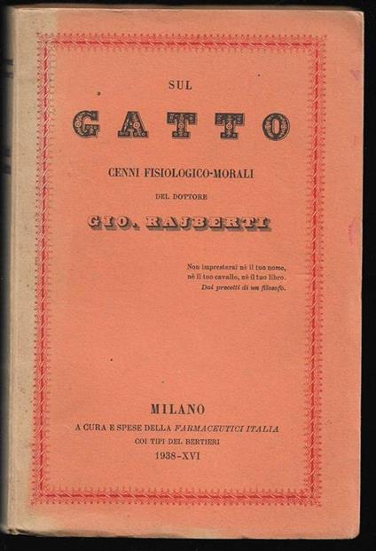 Sul gatto Cenni fisiologico-morali - Giovanni Rajberti - copertina