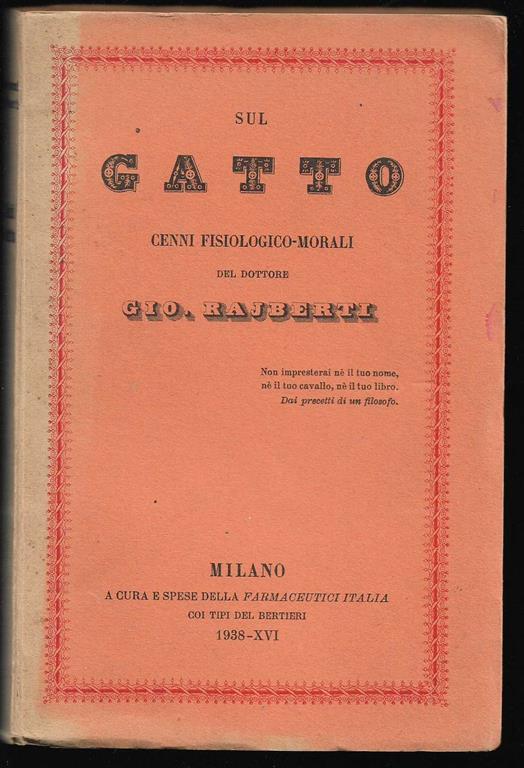 Sul gatto Cenni fisiologico-morali - Giovanni Rajberti - copertina