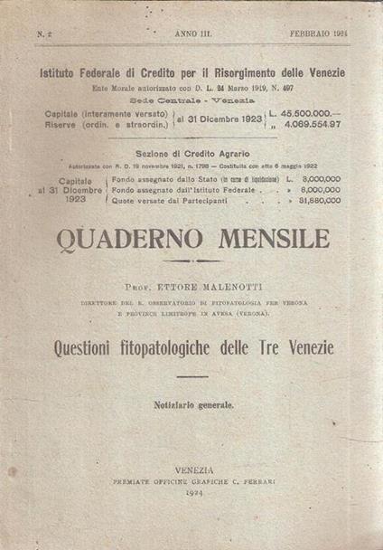 Quaderno Mensile N. 2 Anno Iii - Questioni Fitopatologiche Delle Tre Venezie - Ettore Malenotti - copertina