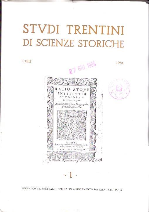 Studi Trentini Di Scienze Storiche 1. Lxiii/84 - copertina