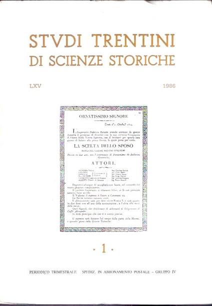 Studi Trentini Di Scienze Storiche 1. Lxv/86 - copertina