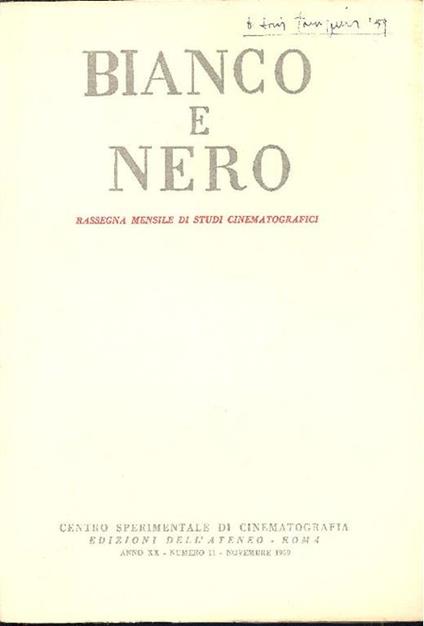 Bianco e Nero. Anno XX, Numero 11, Novembre 1959 - copertina