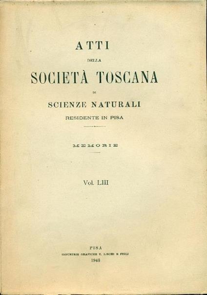 Atti della Società Toscana di Scienze Naturali residente in Pisa. Memorie. Vol. LIII - copertina
