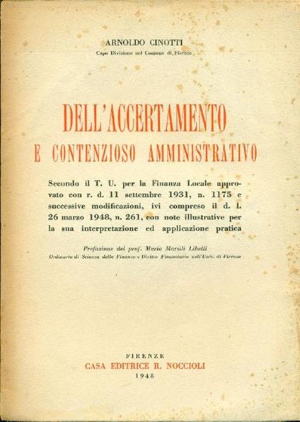 Dell'accertamento e contenzioso amministrativo - Arnoldo Cinotti - copertina