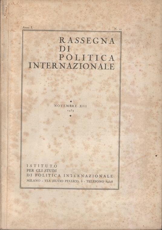 Rassegna di politica internazionale. Anno I. N. 11. Novembre 1934 - copertina