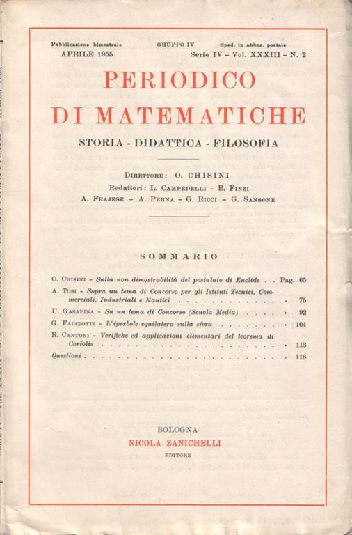 Periodico di matematiche. Storia. Didattica. Filosofia. Pubblicazione bimestrale. Aprile 1955. Serie IV. Vol. XXXIII. N. 2 - copertina