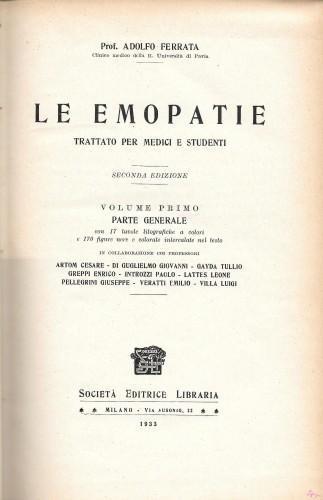 Le emopatie. Trattato per medici e studenti, vol. 1° Parte Generale, in 2 tomi - Adolfo Ferrata - copertina