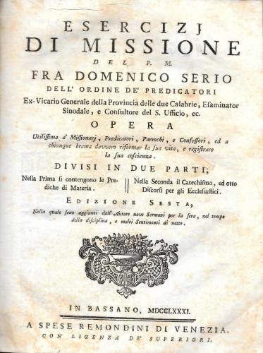 Esercizi di missione del p. m. fra Domenico Serio dell'Ordine de' Predicatori - Domenico Serio - copertina