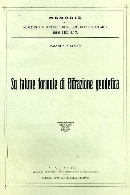 Su talune formule di Rifrazione geodetica - Emanuele Soler - copertina