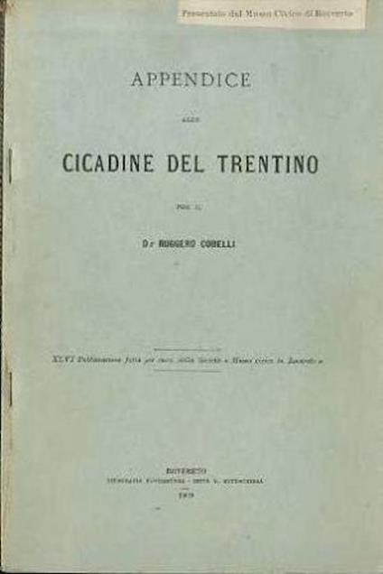 Appendice alle cicadine del Trentino. Pubblicazioni del Museo civico di Rovereto - Ruggero Cobelli - copertina