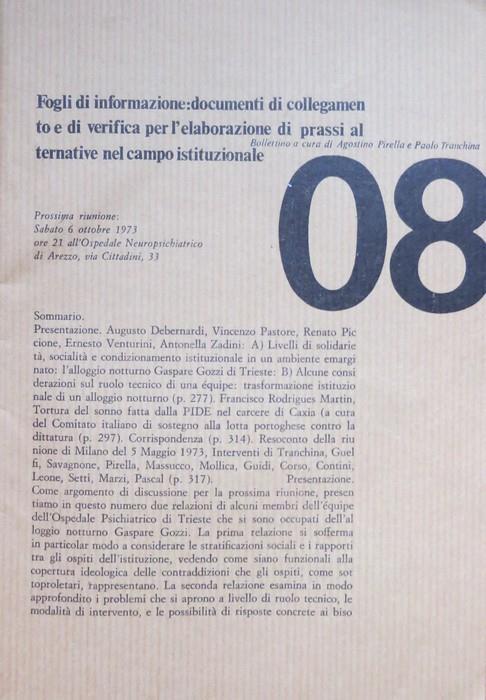 Fogli di informazione: documenti di collegamento e di verifica per l’elaborazione di prassi alternative nel campo istituzionale. N.8 (luglio/settembre 1973) - Agostino Pirella,Paolo Tranchina - copertina