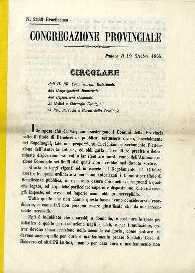 Congregazione provinciale: N. 2189 Beneficenza: Circolare. Padova Beneficenza - copertina