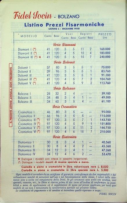 Fidel Socin: Bolzano: listino prezzi fisarmoniche: listino L: dicembre 1950 - Fisarmoniche - copertina