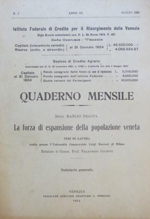 La forza di espansione della popolazione veneta: tesi di laurea svolta presso l’Università commerciale Luigi Bocconi di Milano - Manlio Fracca - copertina