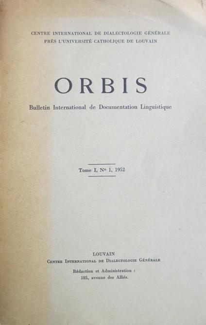 Orbis: bulletin international de documentation linguistique: tomo I, N. 1, 1952 - copertina