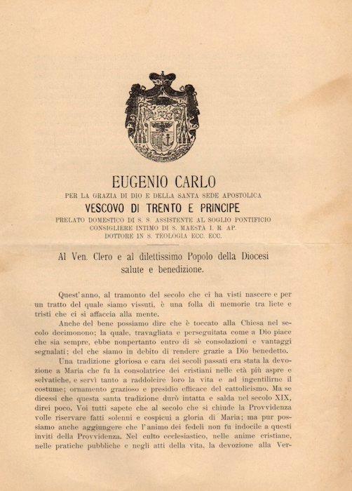 Eugenio Carlo per la grazia di Dio e della Santa Sede apostolica vescovo di Trento e principe. al ven. clero e al dilettissimo popolo della diocesi - Eugenio Carlo Valussi - copertina