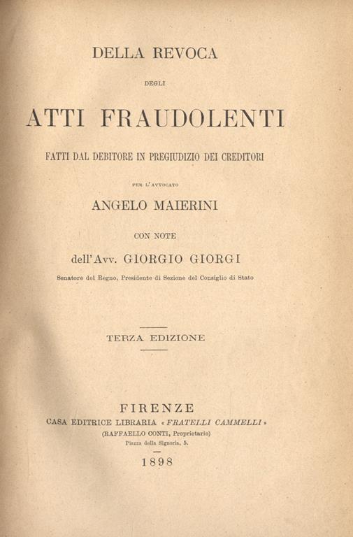 Della revoca degli atti fraudolenti. fatti dal debitore in pregiudizio dei creditori - copertina